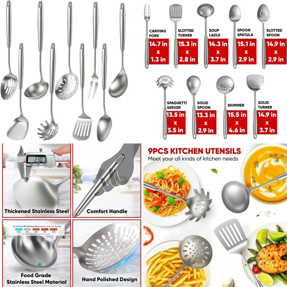 

9-Piece 304 Stainless Steel Cooking Tools Set with Soup Ladle, Skimmer, Pasta Spoon, and Spatula, Dishwasher Safe