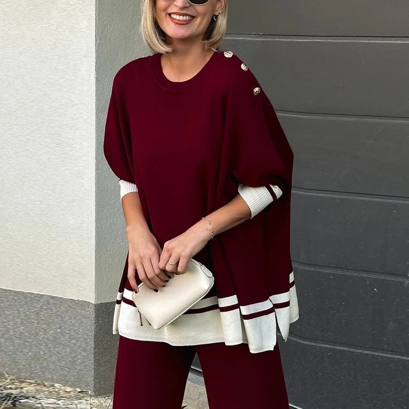 

Modigirl Women's Burgundy Oversized Batwing Knit Top Contrast Trim Button Detail Sweater Retro Casual Lazy-Chic Daily Wear