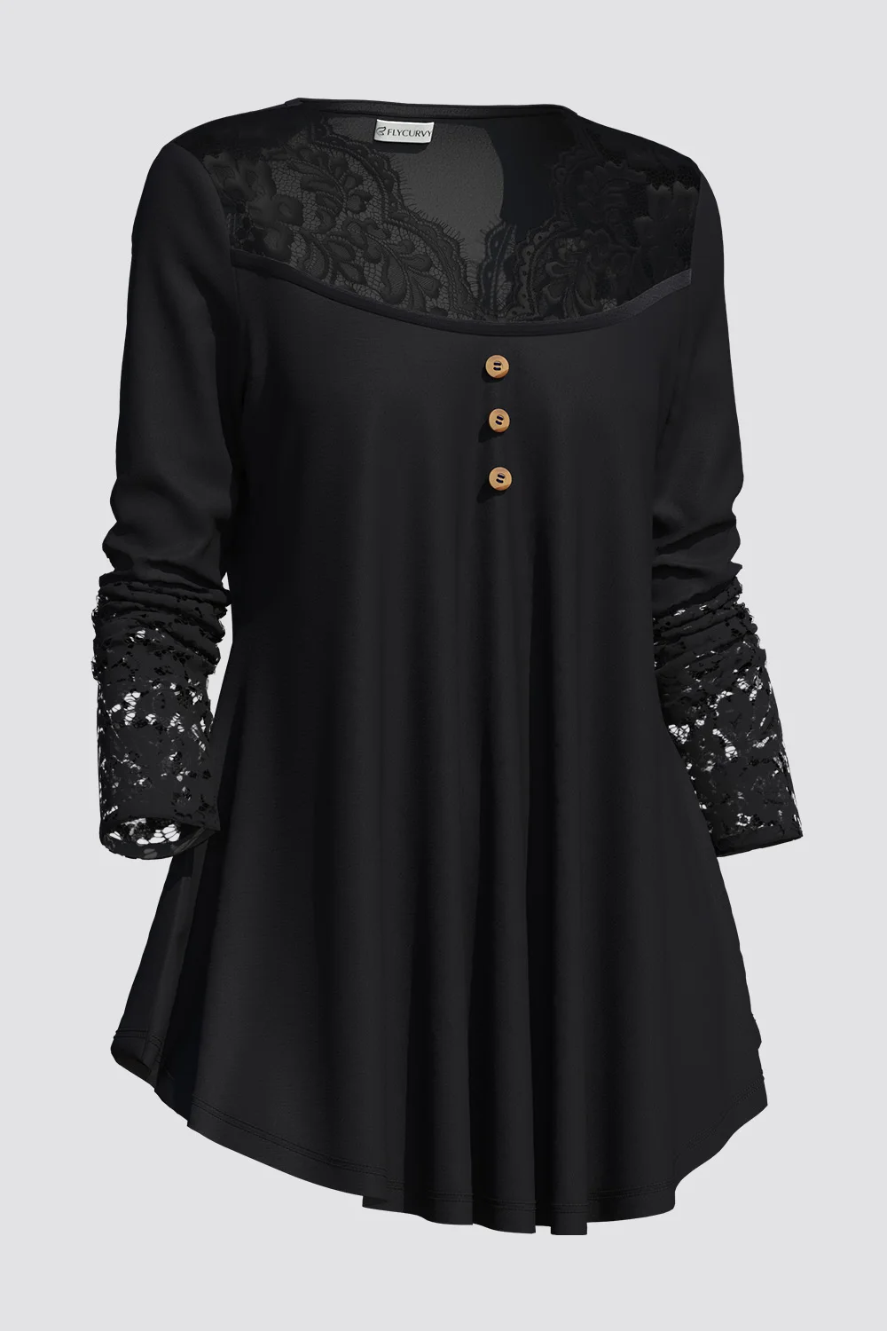 Flycurvy Plus Size Casual Black Lace Stitching Decorative Button Fold Tunic Bluzka z długim rękawem dla kobiet