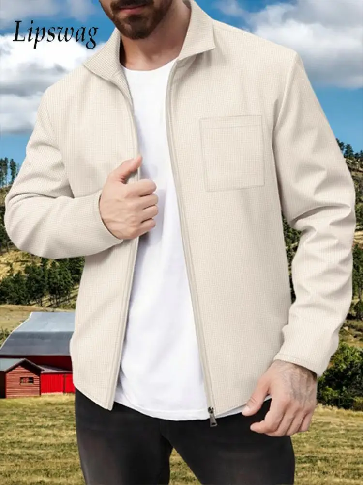 

Stylish Waffle Textured Men's Jacket Coats Spring Autumn Vintage Solid Color Cardigans Men Outdoor Casual Zip-up Lapel Jackets