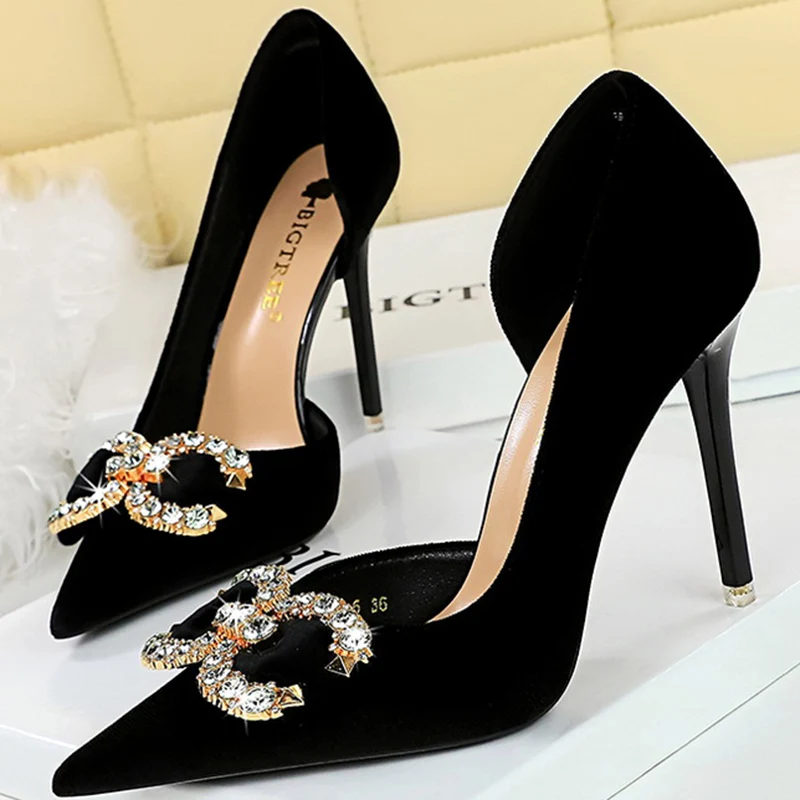 Party Pumps 10.5cm Thin Heels Shallow Pointed Toe Side Hollow Velvet Rhinestone Buckle Butterfly Knots Ladies Shoes Purple Green