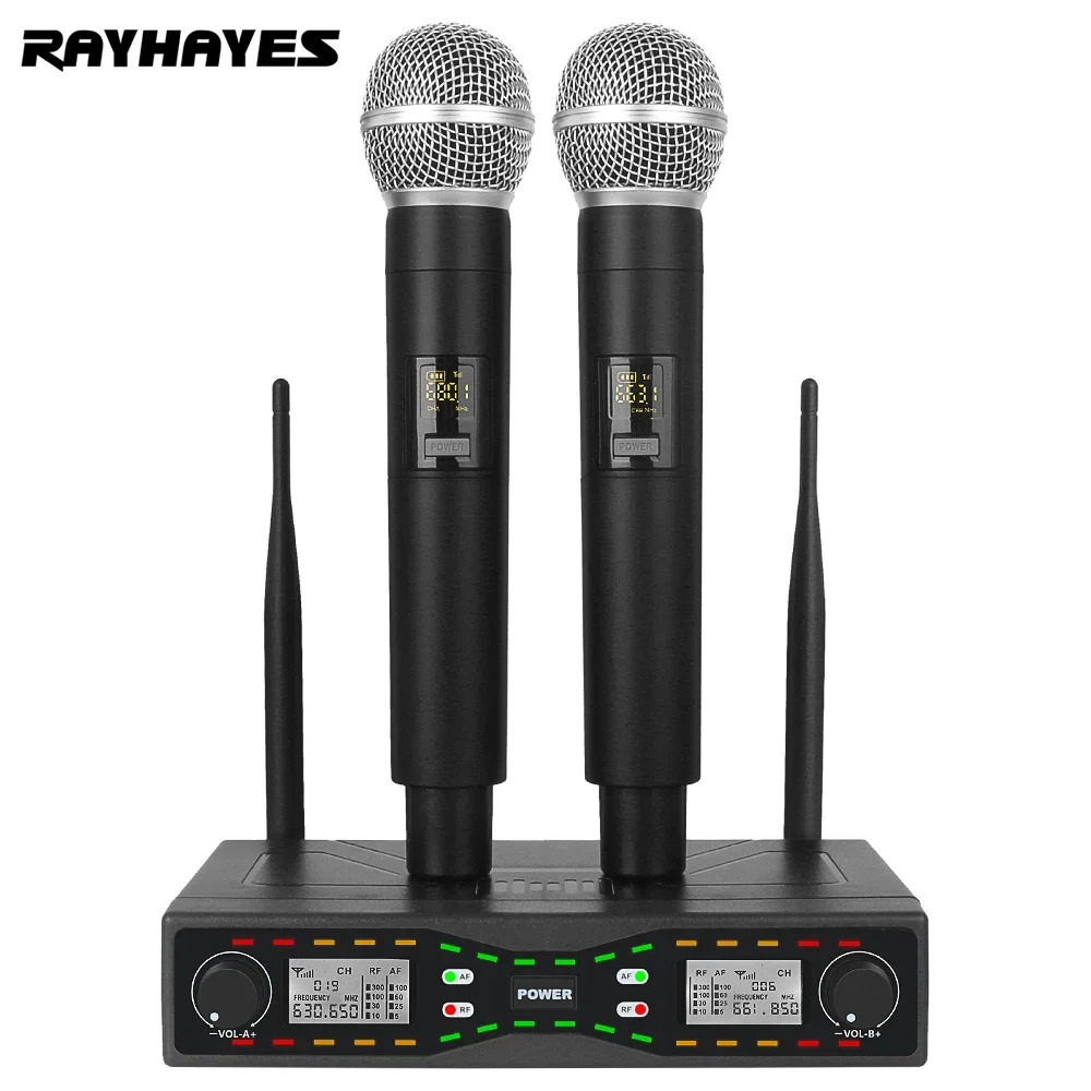 RAYHAYES RUXD8 Wireless Microphone 2 Dual Channel Professional UHF Cardioid Dynamic Handheld Microphone Mic System Karaoke