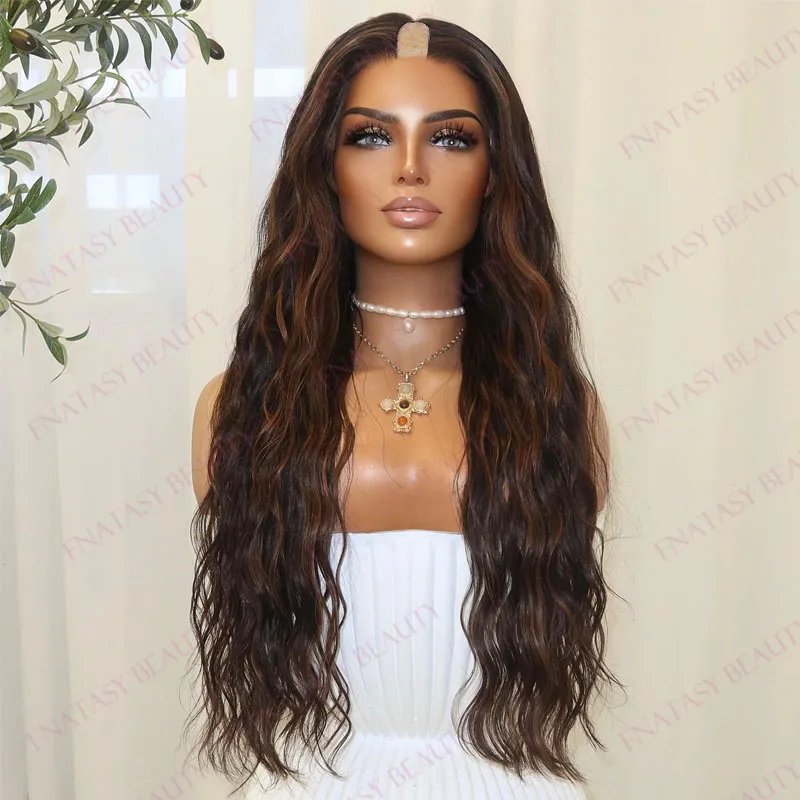 African American Black Women Easy Wear Glueless 1x4 U Shaped Highlight Neutral Brown Deep Wavy Wigs Natural Hairline V Part Wigs