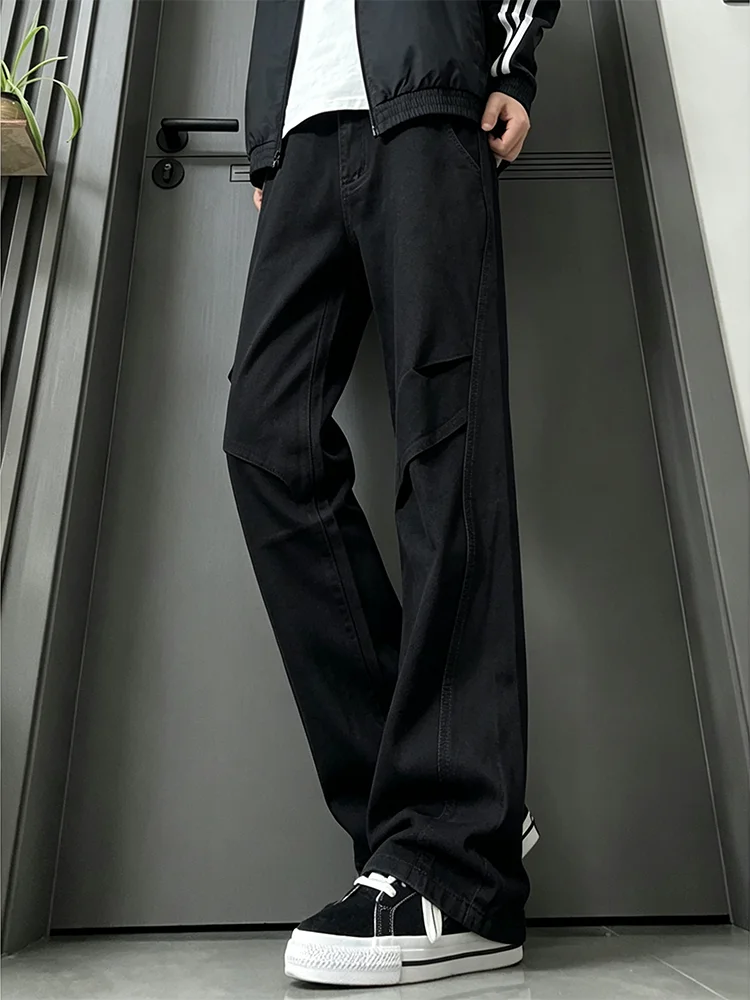 Men's Workwear Style Pleated Cotton Denim Jeans Straight Leg Micro Flared Pure Cotton Trousers Fashionable High Street Design