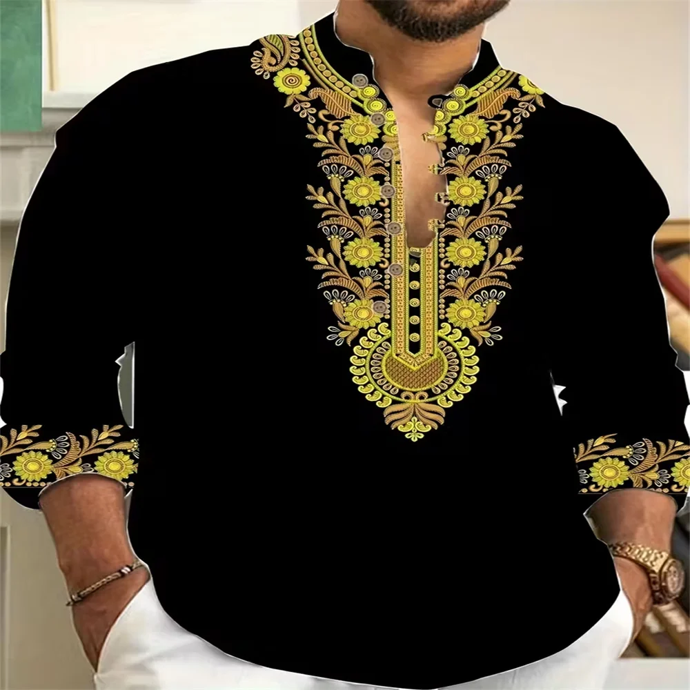 

Nueva camisa de manga larga de siete botones a la moda para hombre, camisa con cuello en V, camisa informal de playa, tela cómod