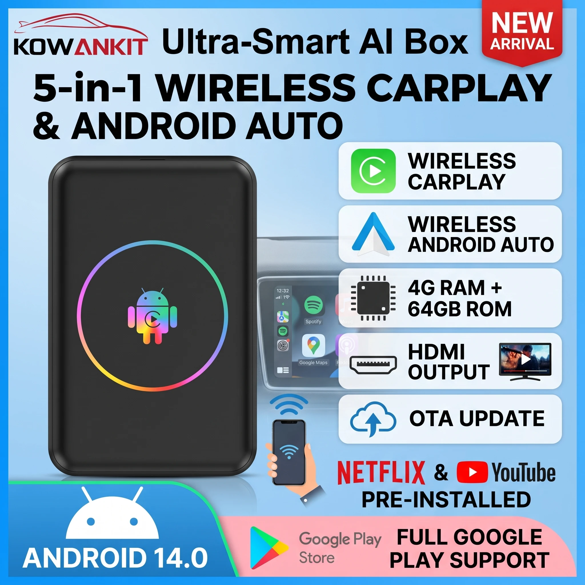 2026 Android 14 Wireless CarPlay Ai Box Kowankit 4+64G Android Auto 5 in 1 Smart HDMI Plug & Play Car Tv Box For YouTube Netflix