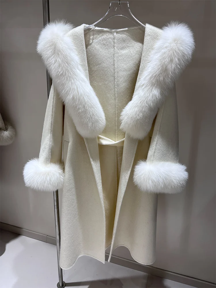 冬用レディース天然リアルフォックスファーカラーカフス付きジャケット 厚手暖かいアウターウェア ロングフード付きウールコート ルーズベルト付きストリートウェアジャケット