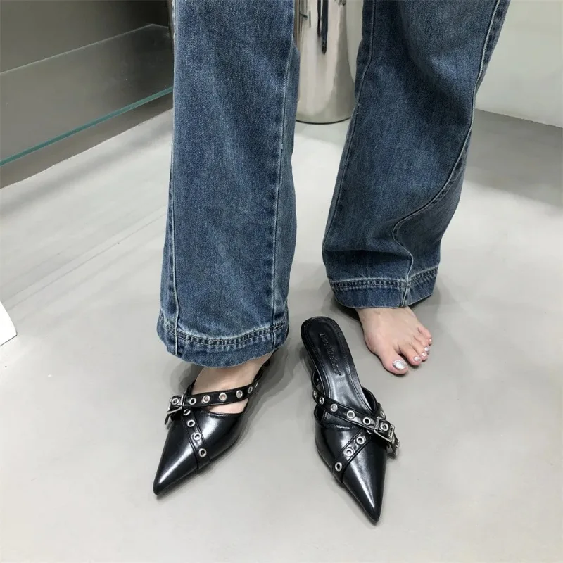 Women's Slippers Summer Baotou Pointed Half Slippers Female External Wear Medium Heels Pumps Fashion New Ankle Buckle High Heels