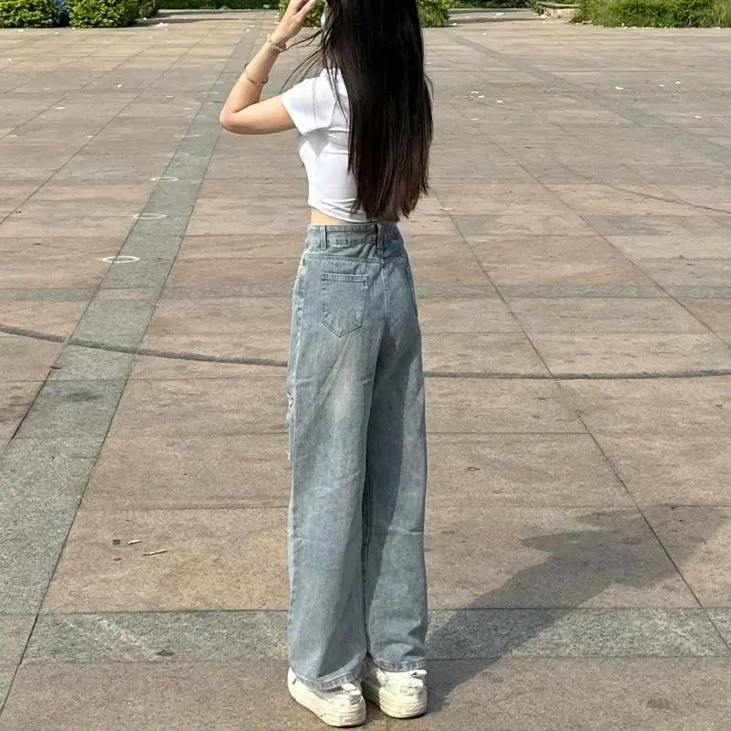 Vintage High Street Women New Blue Jeans Embroid Hole Pockets Zipper Buttons Korean Fashion High Waist Loose Straight Pants 2024