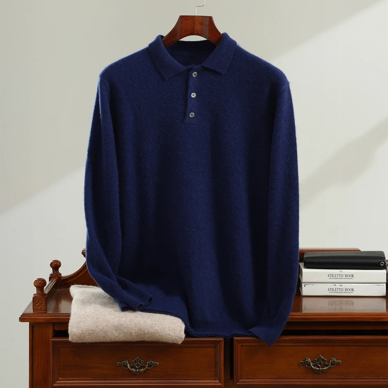 Roupas de outono e inverno 100% suéter de caxemira pura masculino gola polo suéter lapela de negócios camisa de fundo de malha quente