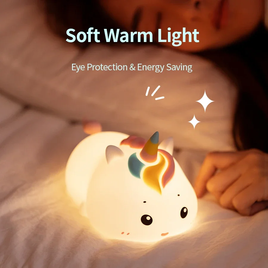 Rechargeable Unicorn Night Light Silicone Patting Lamp with Remote Control Dimmable Atmosphere Lamp Creative Gift Decor Light