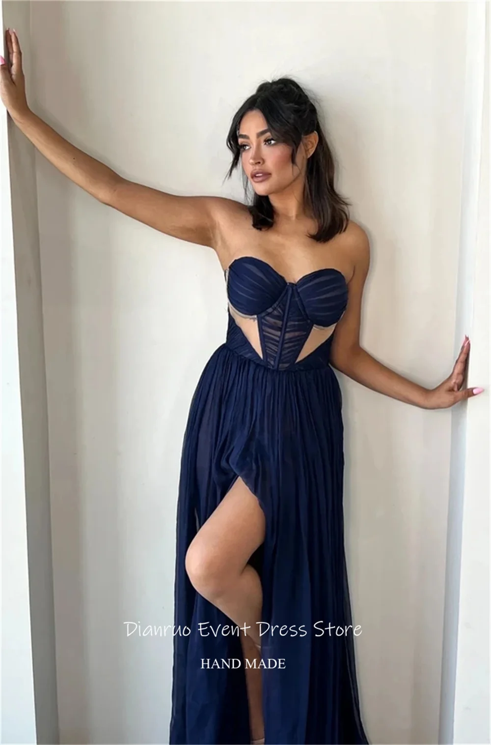 فستان سهرة Dianruo باللون الأزرق الداكن بفتحة عالية على شكل قلب شيفون مطوي فيستدوس بارا موخير رداء طويل مثير Soirée فام مخصص