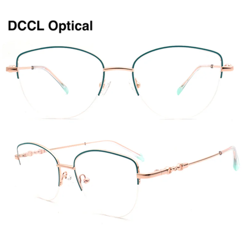 DCCL Women Cat Eye Glasses Fashion Half Rim Prescription Eyeglasses Memory Metal Optical Eyewear Semi Rimless Myopia Spectacles