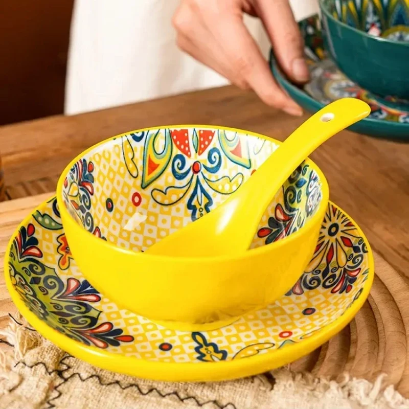 

Ceramic Tableware Set Three-Piece Household Rice Bowl Plate Spoon Set Restaurant Hot Pot Barbecue Shop Commercial