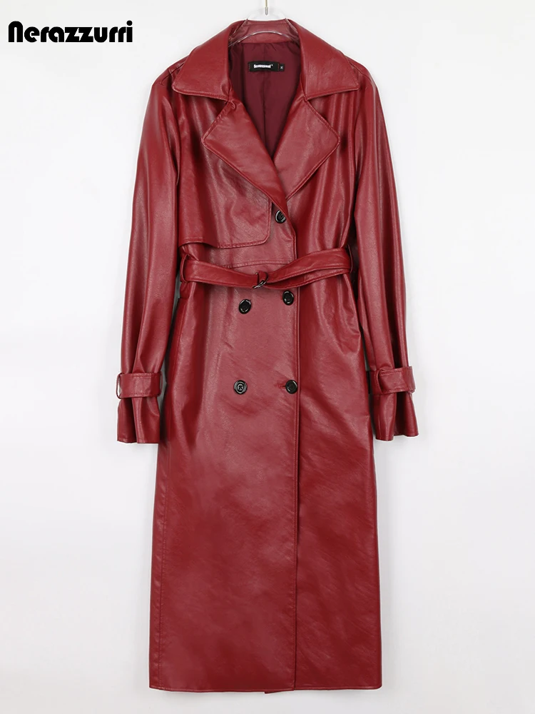 Nerazzurri primavera longo vinho vermelho falso couro trench coat para mulher duplo breasted luxo designer elegante impermeável capa de chuva