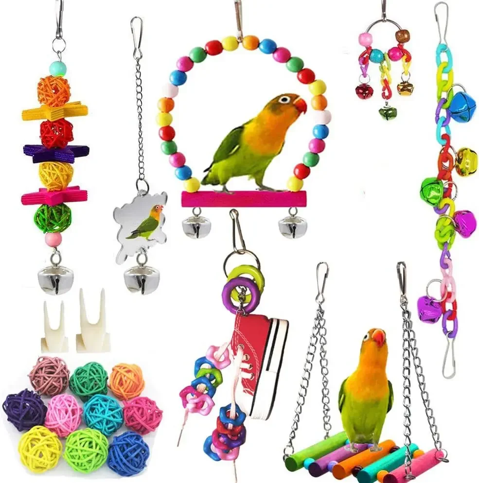 

19PCS Combination Bird Toys Set Swing Chewing Training Toys Small Parrot Hanging Hammock Parrot Cage Bell Perch with Ladder