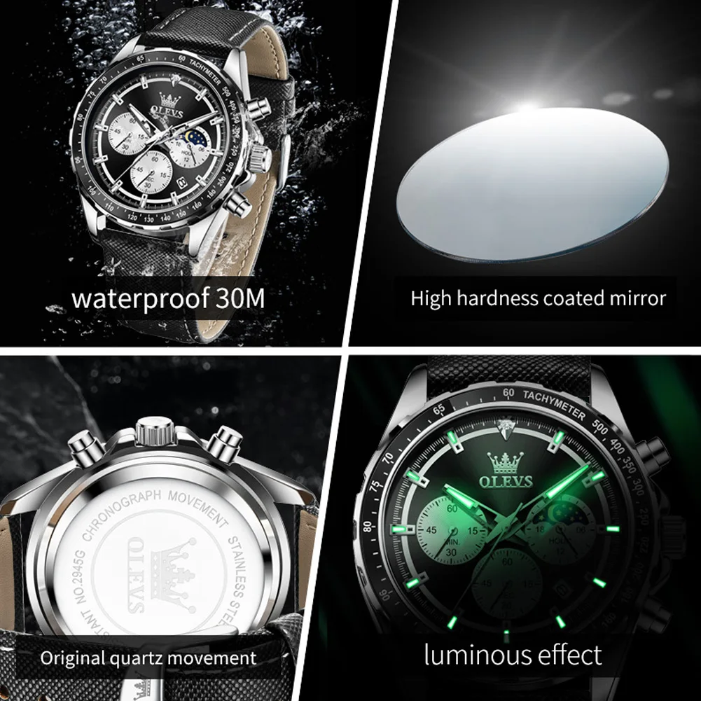 Olevvs 2945 Originele Quartz Horloge Voor Mannen Waterdicht Glow Chronograaf Maanfase Multifuncton Heren Polshorloge Luxe Man Horloge