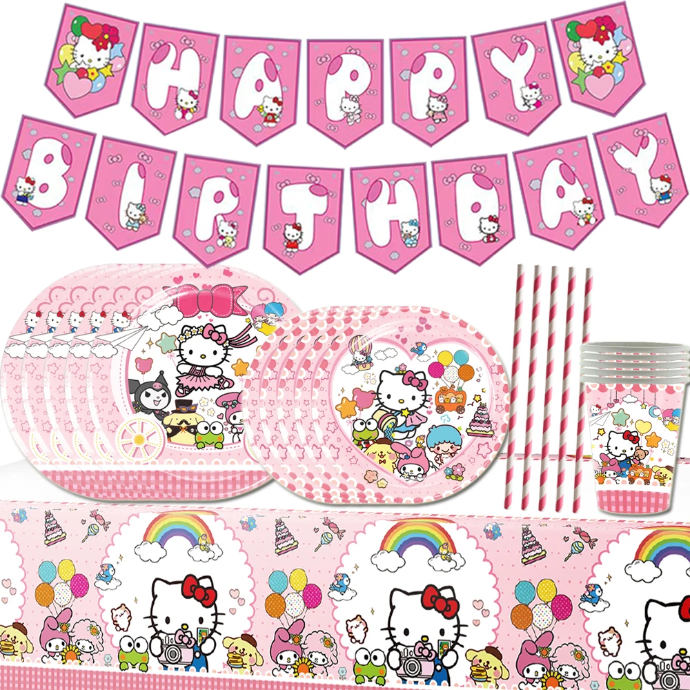 

Hello Kitty Theme Kids Birthday Party Decoration Paper Cup Plate Girls Favors Pink Kitty Balloons Gifts Cake Topper Supplies