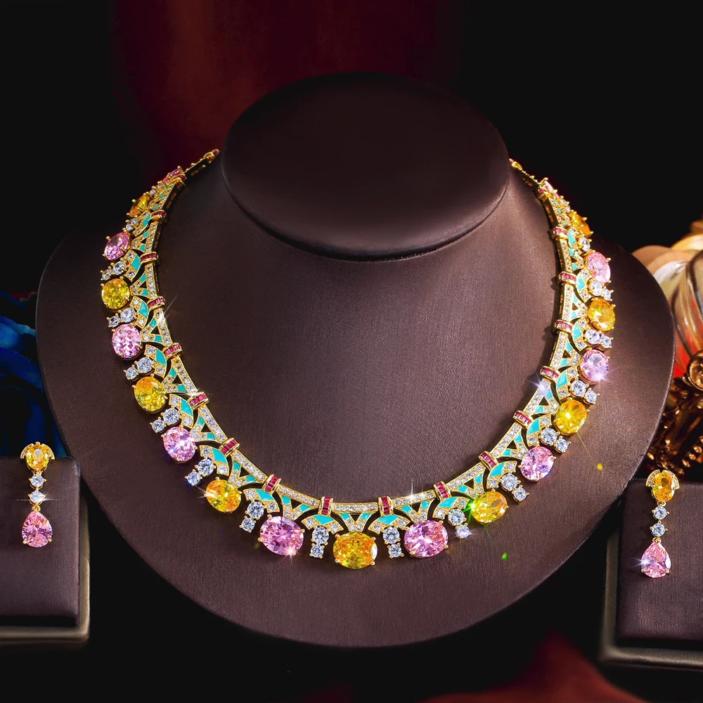 

ThreeGraces великолепный желтый розовый цирконий зеленая эмаль роскошный комплект ювелирных украшений для свадьбы и вечера для женщин T1108