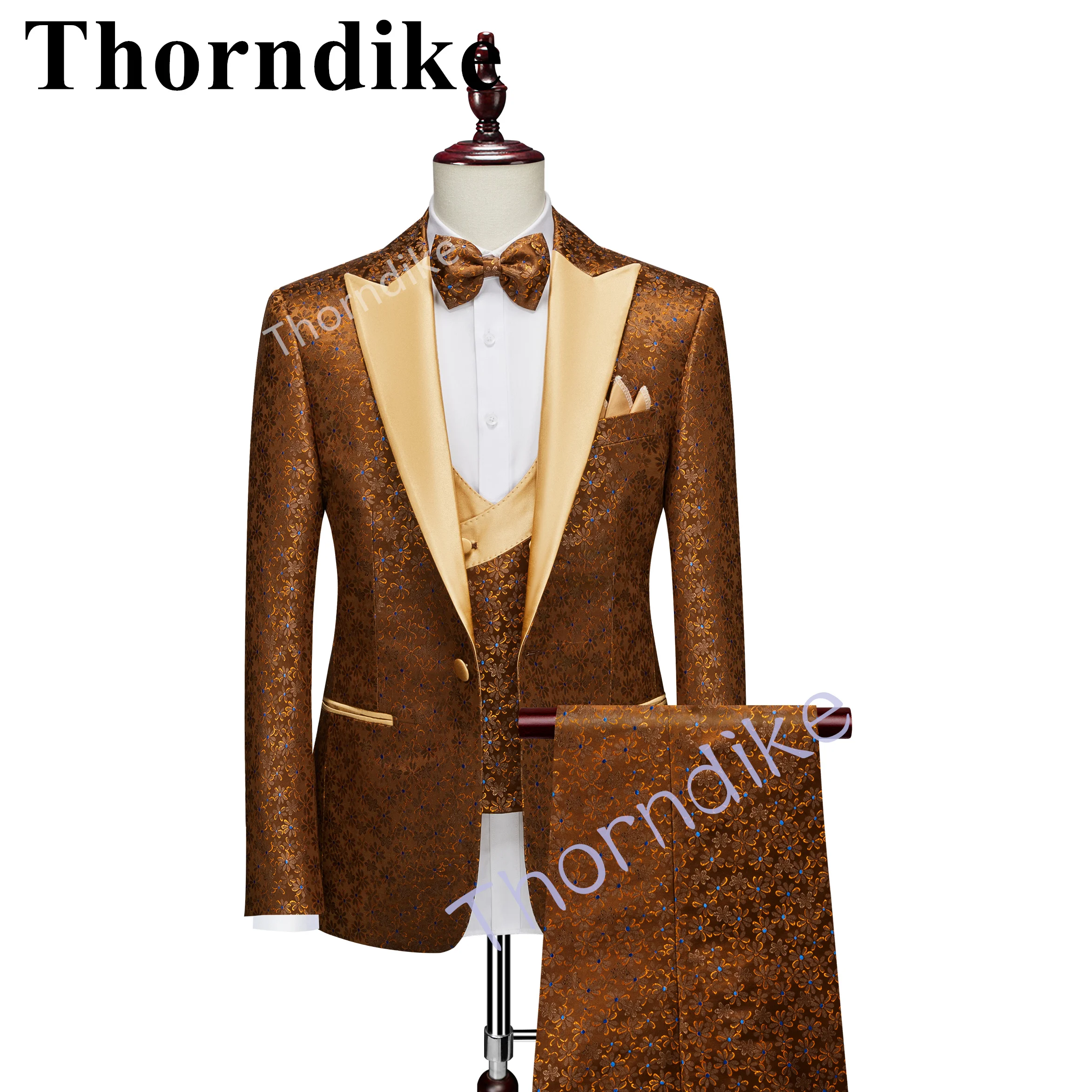 Thorndike New Men\'s Green Fashion Jacquard Special Fabric Suit Custom Groom Suit Wedding Tuxedo Elegant 3 Piece Set