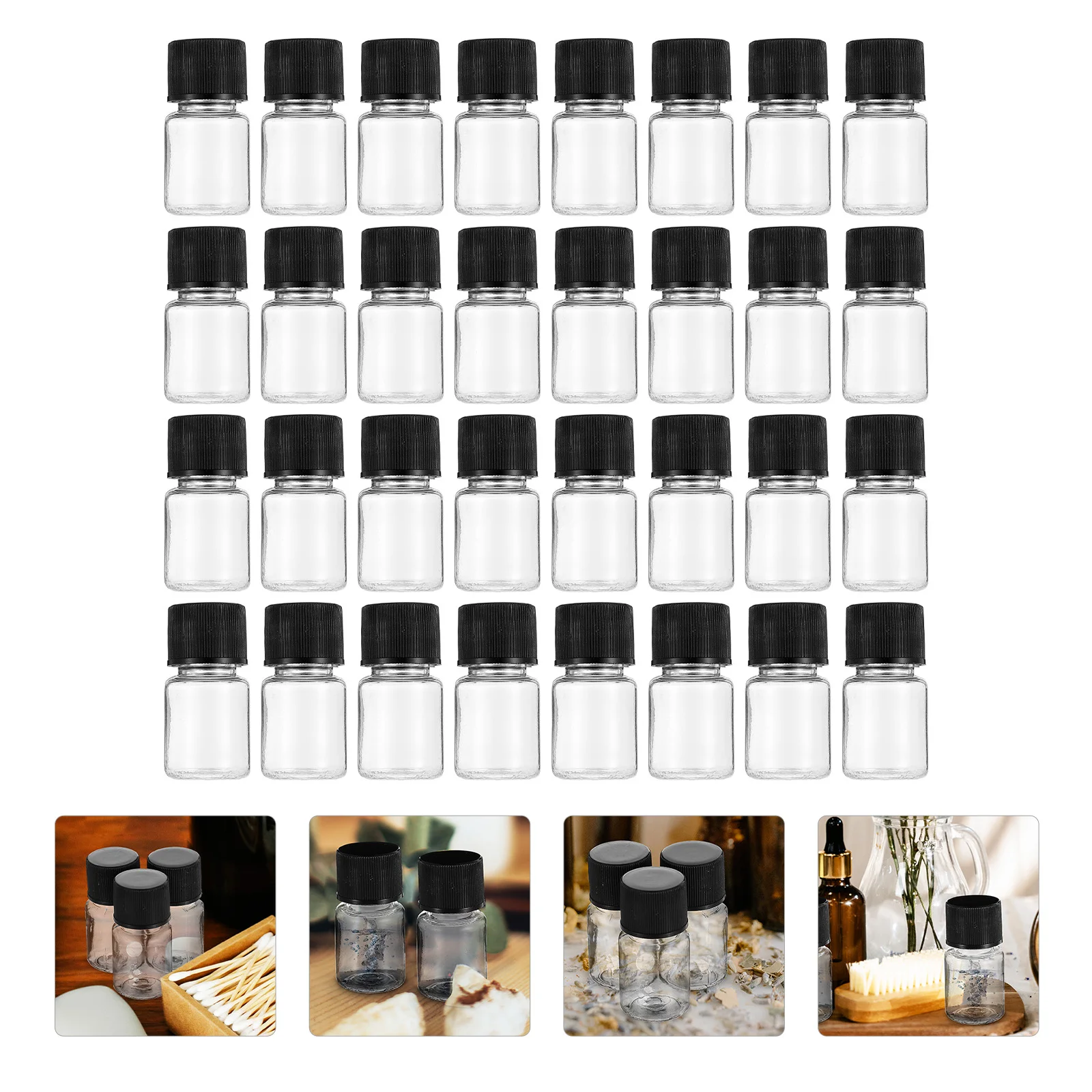 

50 Pcs Essential Oil Liquid Sample Bottle Clear Small Bottles for Liquids Plastic Empty Black Travel