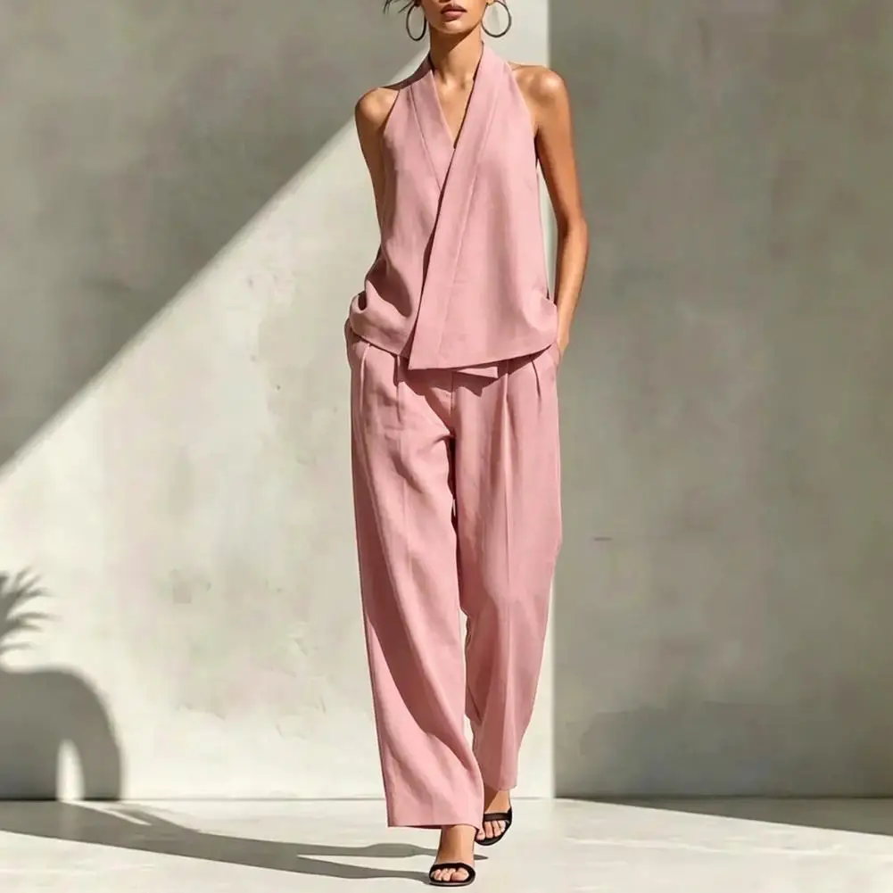 

Women's Two Piece Set, Sleeveless V Neck Vest Top And Wide Leg Pants Matching Sets, Casual Business Office Work Outfits