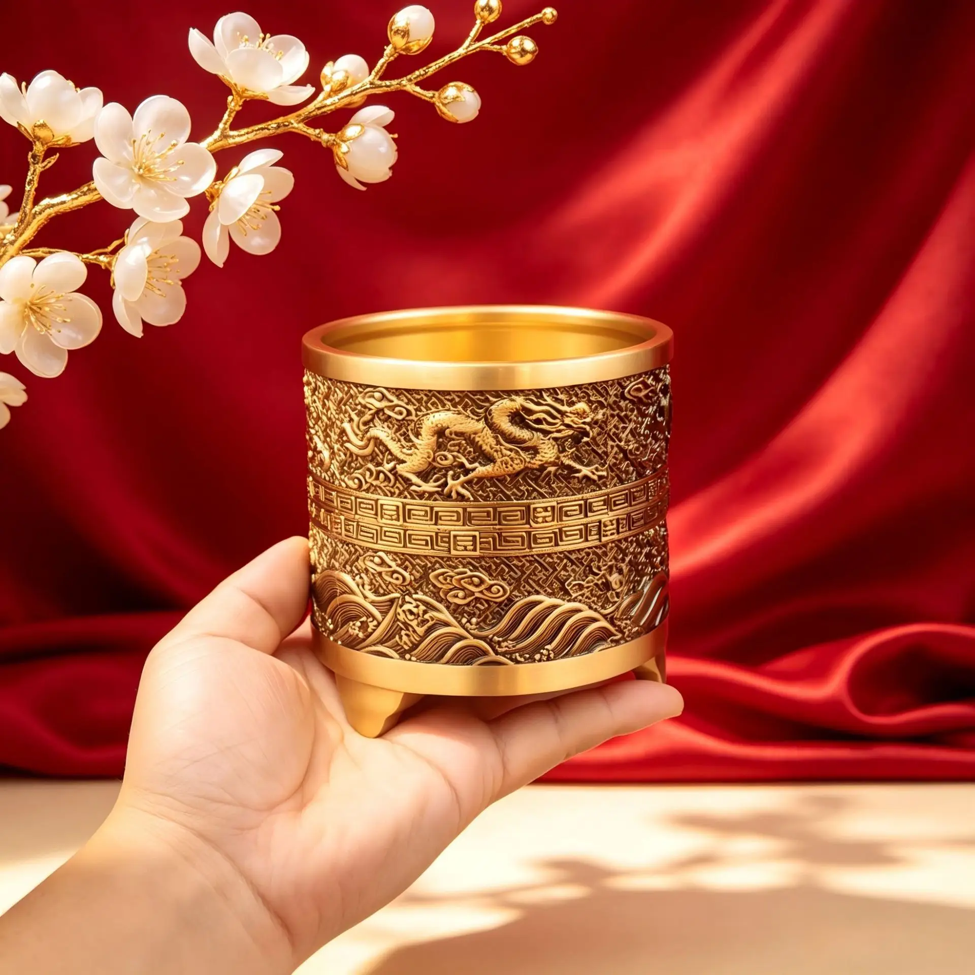 Dragon Cloud Embossed Brass Dual Use Pen Holder Office Desk Stationery Censer Oriental Table Craft Ornament