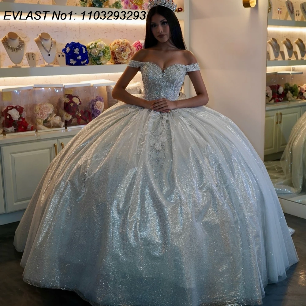 

EVLAST Customized Shiny White Ball Gown Quinceanera Dress Glitter Applique Beading Corset Sweet 16 Vestidos De 15 Anos E1QN32