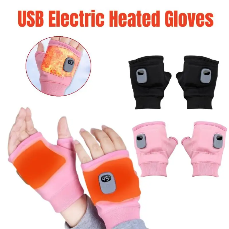 1PC Heating Gloves Rechargeable Winter Warm USB Electric Heated Gloves Fingerless Hand Warmer Thermal For Sports Skiing Gloves