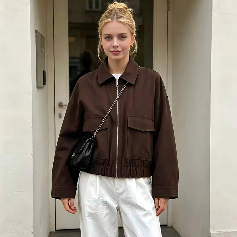 Women's Jackets Coats Fashion Pockets Zippers Jacket Autumn Women Turn-down Collar Long Sleeves Coats Female Outerwear Chic Tops