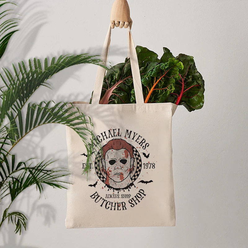 Horror Movie Element Pattern Canvas Shopping Bags Halloween Gift for Horror Movie Lovers Women Halloween Tote Bag Trend