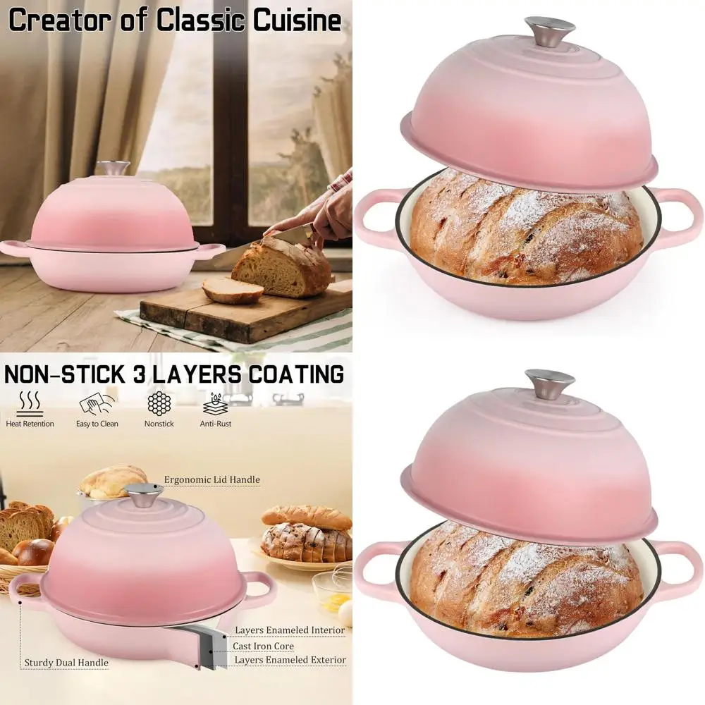 

10 Enamel Cast Iron Dutch Oven with Lid, 6 Quart Sourdough Bread Baking Pan, Non-stick Cookware, Pink