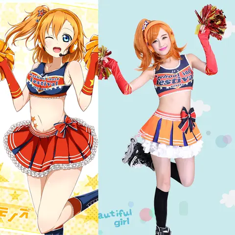 재고! Anime Lovelive μ's Cheerleader All Menber 유니폼 Kosaka Honoka 드레스 코스프레 의상 할로윈 여성 의상
