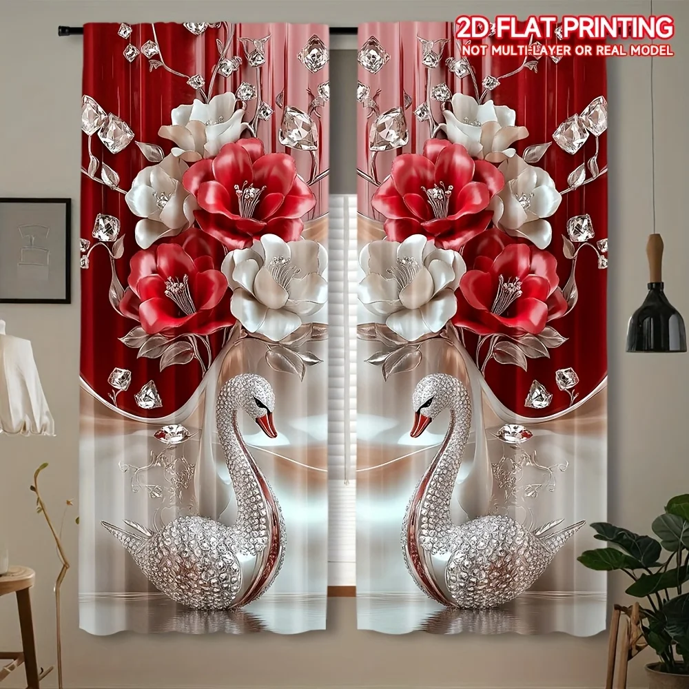 2pcs, 2D Floral Printed Curtains, Elegant Rod Pocket Design for Bedroom and Living Room, Enhance Your Home Decoration