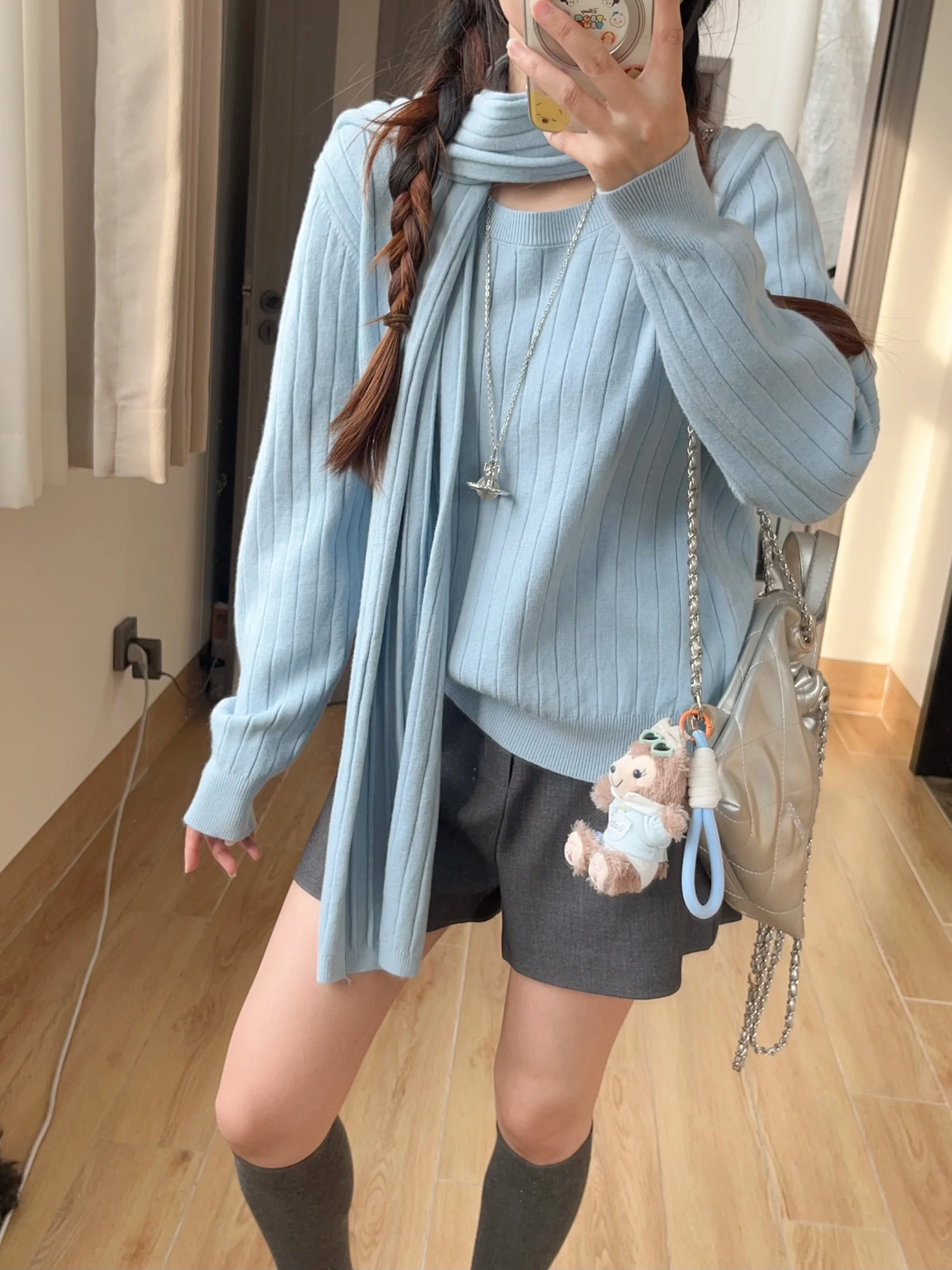 

Korean Sle round Ne Scarf Two-Piece Set Knitted Sweater Women's Autumn Winter Casual Long Sve Overhead Sweater Base Layer