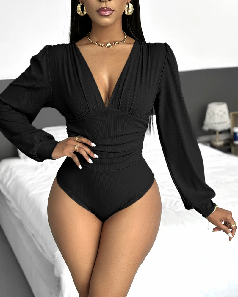 

Deep V-Neck For Women New Sexy Jumpsuit Outfits Solid Ladies Lantern Sleeve Ruched Ribbed Bodysuit Ladies Overalls Woman Clothes