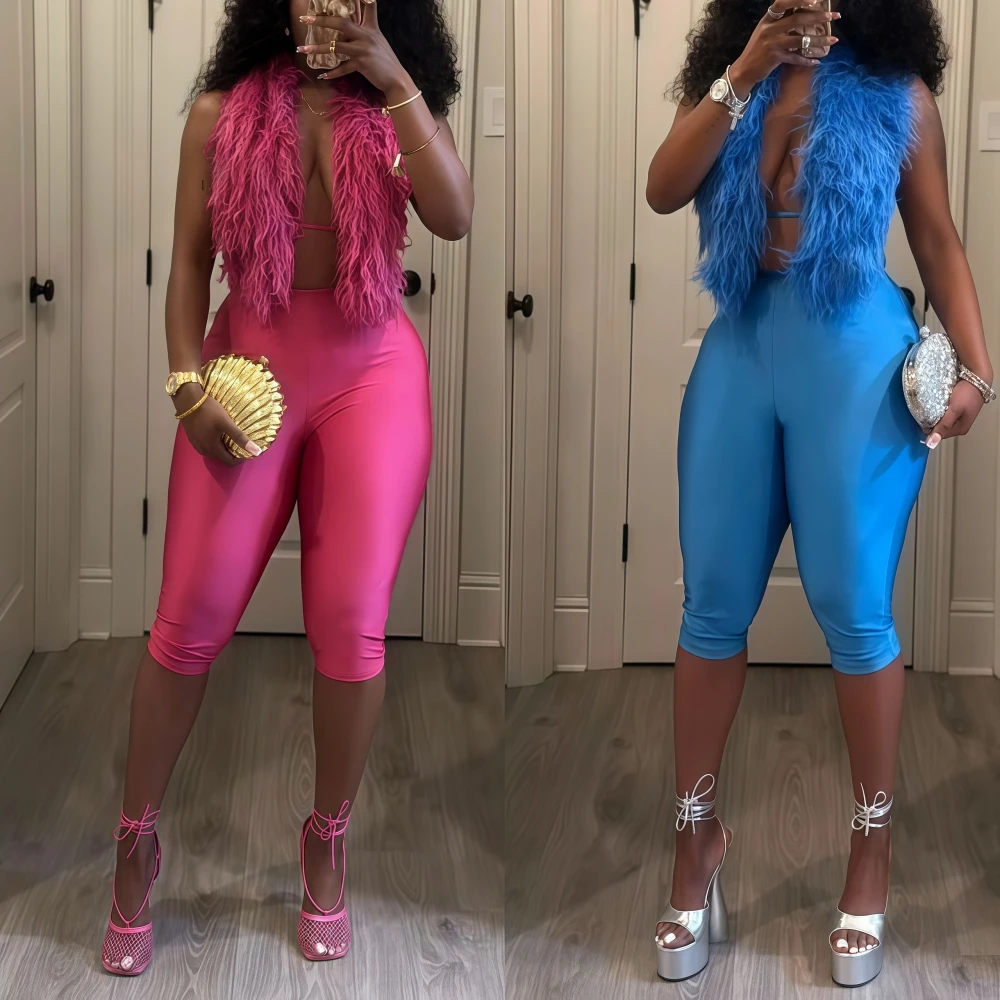 

FAGADOER Sexy Fur Patchwork Two Piece Outfits Woman Halter Deep V Bandage Backless Crop Top and Shorts Midnight Female Clubwear