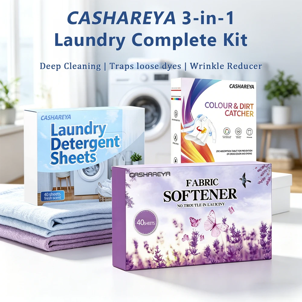 

CASHAREYA Laundry Starter Kit 130+ Sheets Detergent Color Catcher Dryer Sheets Anti Static Fade Protection Travel Size Compact