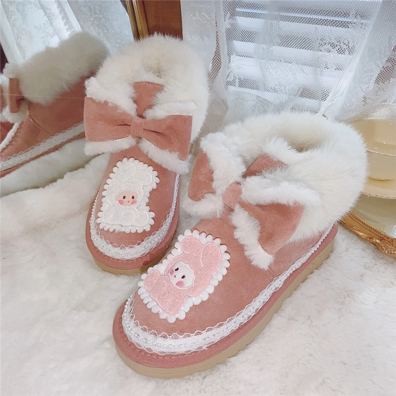 

Pink Round Toe Thicken Plush Winter Snow Boots Women Shoes Cute Bow Animal Patch Furry Ankle Booties Girls Fashion Cotton Shoes