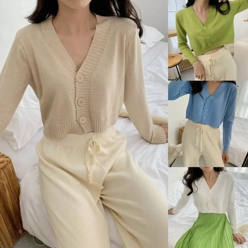 31BF Women Long Sleeve Candy Color Sweater Cardigan V-Neck Button Cropped Knit for Ja