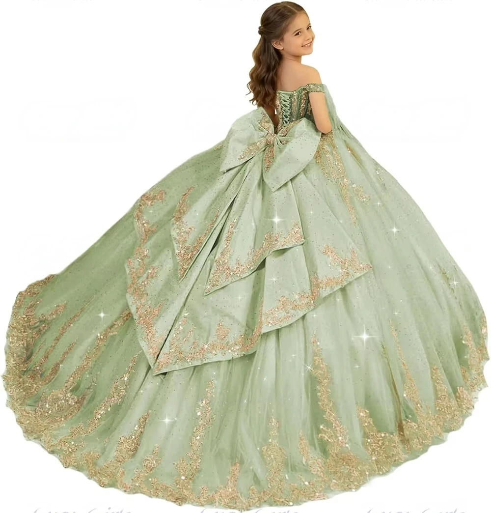 Luxury Off Shoulder Lace Children Formal Gown Bow Tulle Long Train Flower Girl Dress Wedding Pageant Kids Evening Party Dress image 5