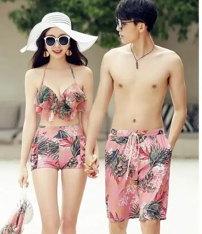 Maillots de bain à imprimé floral pour hommes et femmes, ensemble de bikini taille haute, maillots de bain de couple, micro maillot de bain 3 pièces