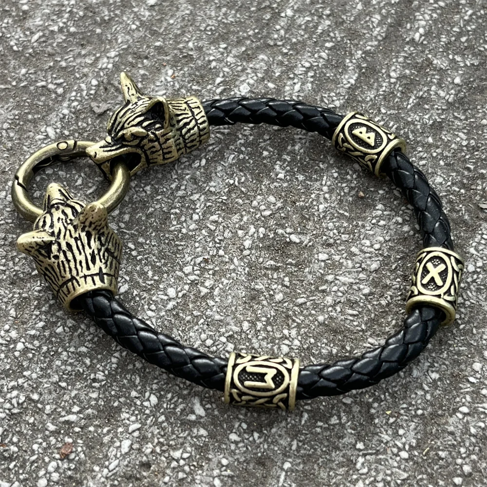 Wolf Heads Norse Mythology Jewelry Runic Beads Viking Bracelet Bangle Men Women Accessories Dropshipping