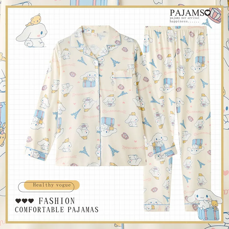 Miniso Sanrio Pijama de algodão de mangas compridas bonito HelloKitty Loungewear, primavera, verão, roupas de outono, presentes de férias, 2 peças