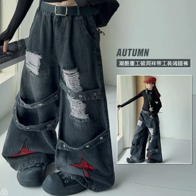Girls Ripped Wide‑Leg Jeans Kids Distressed Denim Pants Childen Elastic Waist Loose Trousers Streetwear for 5‑14Y