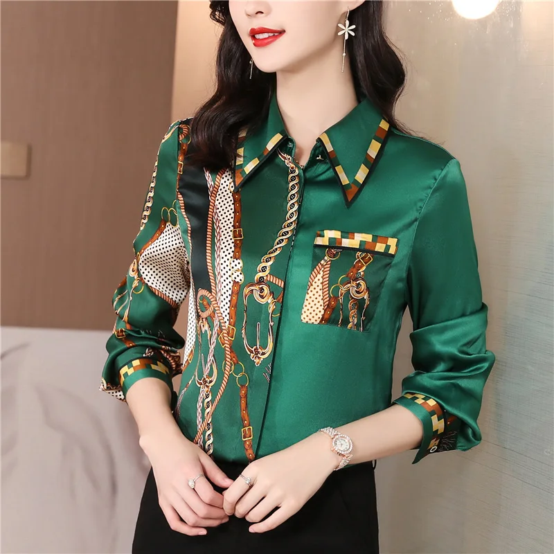 Silk Women\'s Shirts Satin Printed Vintage Blouses Loose Long Sleeves FASHION Spring/Summer Ladies Clothing New Polo Neck Tops