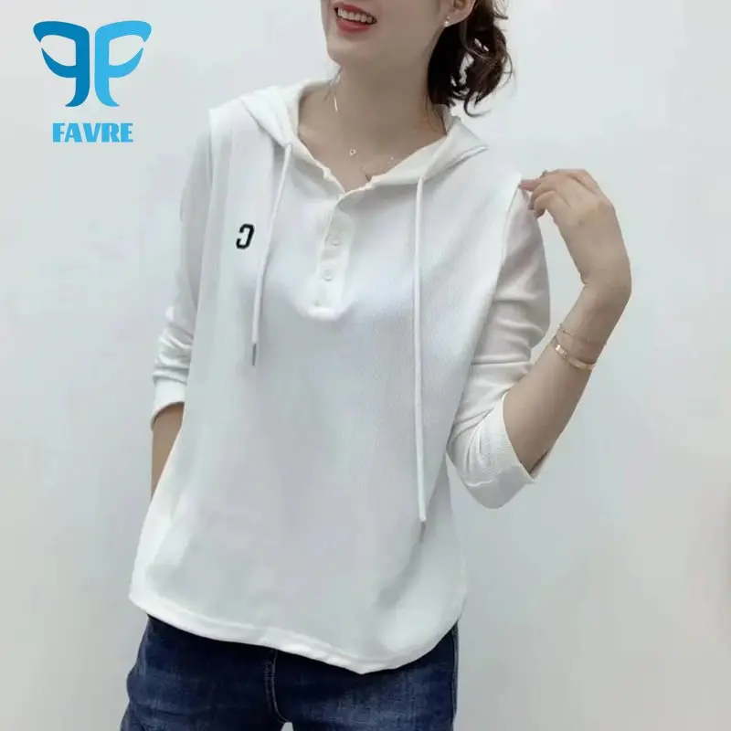 

FAVRE Letter Embroidery Hoodies Women 2022 Autumn Long Sleeve Hooded T-shirts Rowan Cotton Loose Casual Pullover Tee