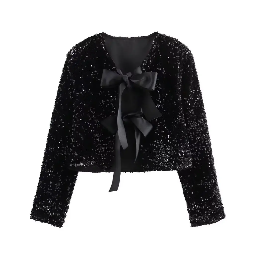 

Women's Street Fashion Sequined Bow Short Coat Winter New European And American Style Clothing