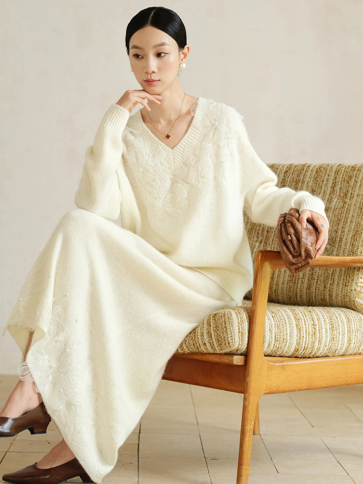 

Ele ручной работы из шерсти альпаки с v-образным вырезом и кружевным цветочным принтом, комплект с юбкой, удобный вязаный длинный све, теплая осень-зима