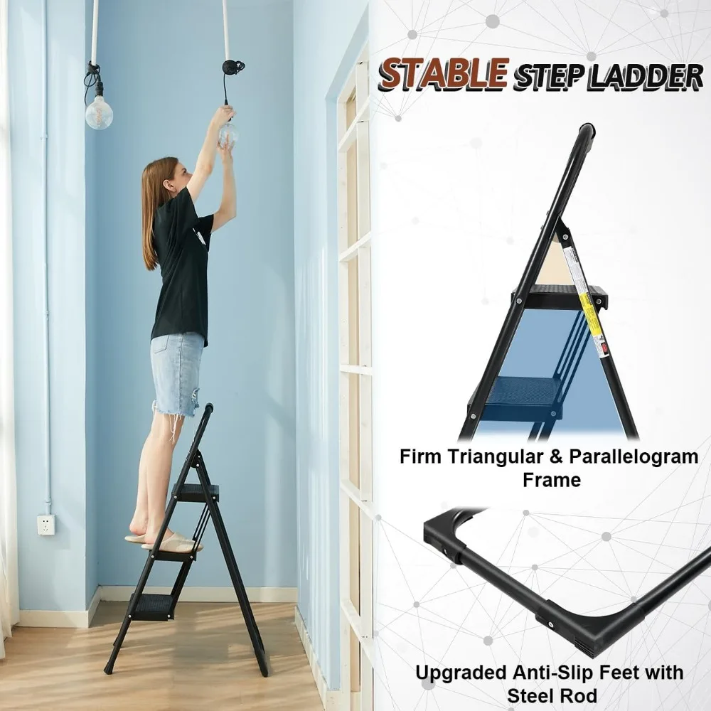 Step Ladder 3 Step Folding with Handgrip, Heavy Duty 440Lbs Load Step Stools for Adults, Safer Ladder for Home/Kitchen